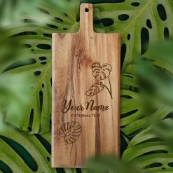 Yellow Octopus Personalised Personalised Acacia Paddle Serving Board - Monstera Design Gifts For Sisters
