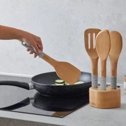 IsAlbi Foodie Beechwood Utensils With Stand | Set Of 4