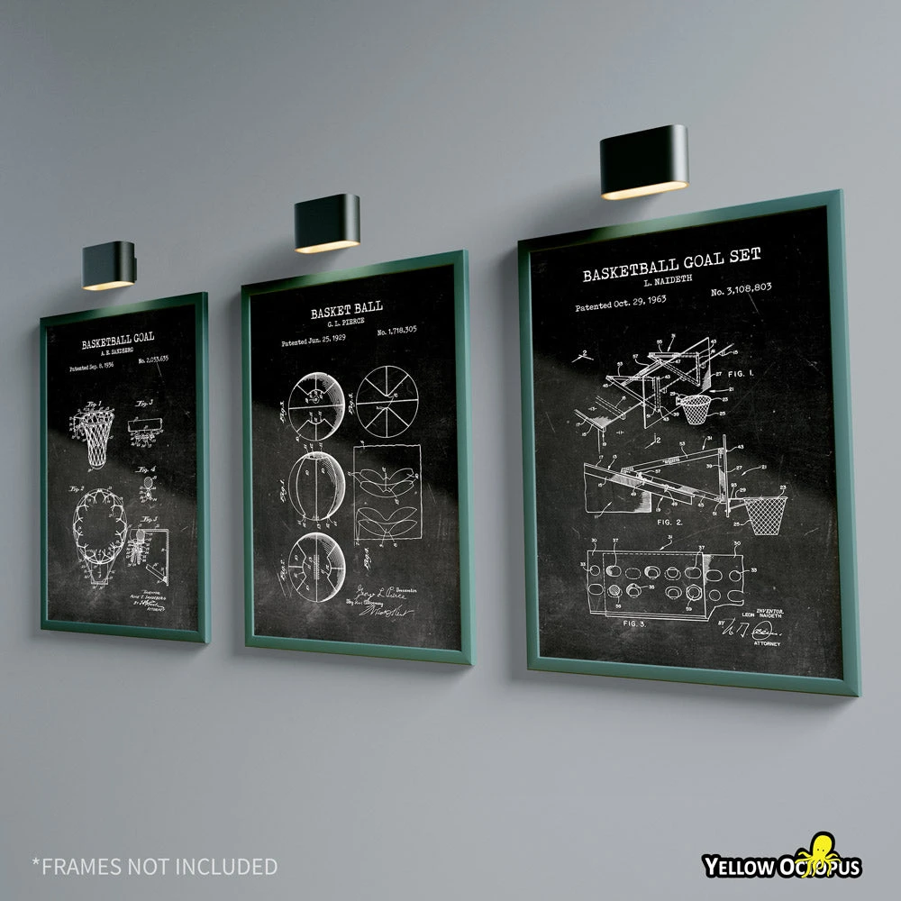 Yellow Octopus Exclusives - Prints Basketball Patent Prints Wall Art | Set Of 3 3 Yellow Octopus Exclusives - Prints Basketball Patent Prints Wall Art | Set Of 3