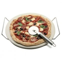 IsAlbi Round Pizza Stone Set With Rack And Cutter BBQ Gifts
