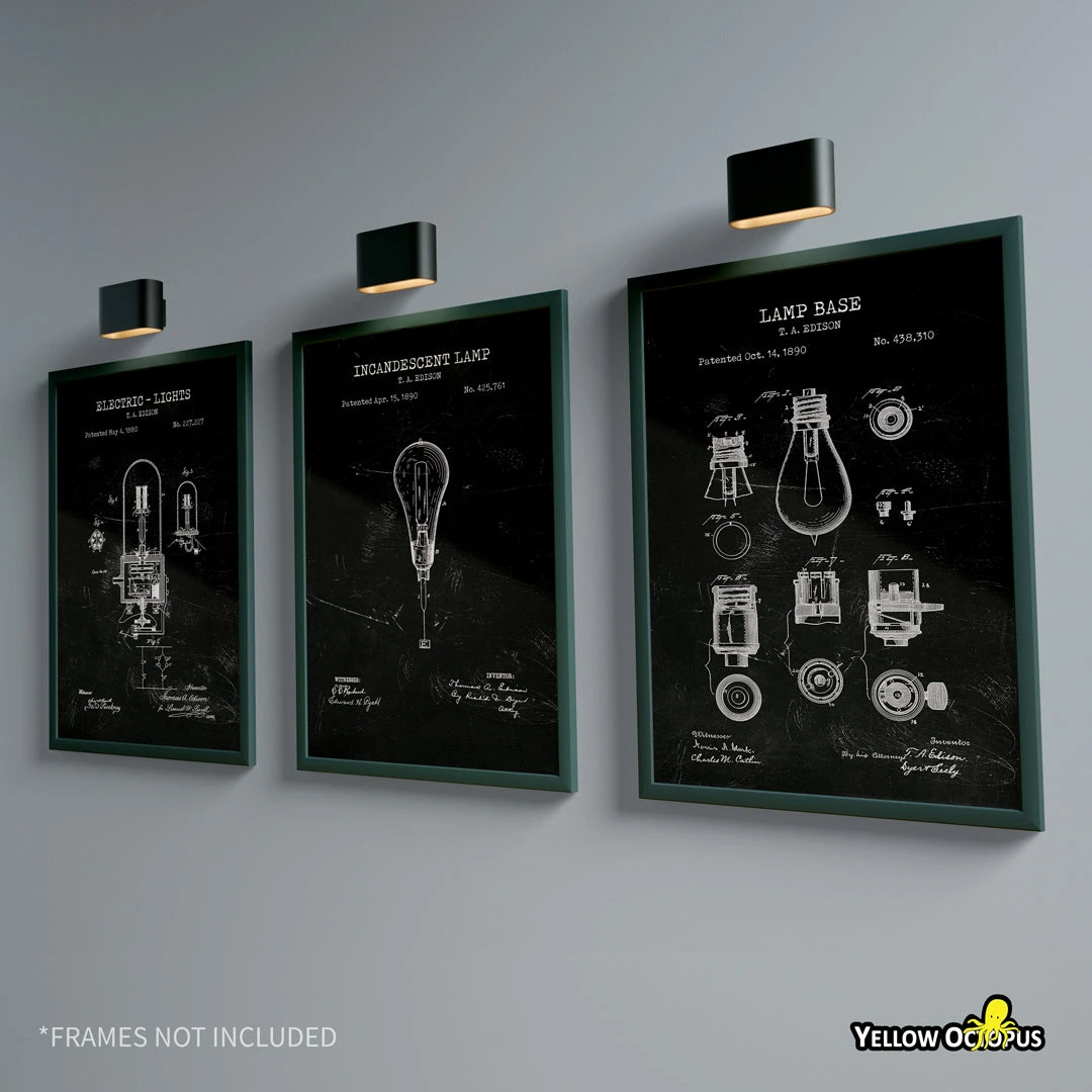 Yellow Octopus Exclusives - Prints Man Cave Gifts Light Bulb Patent Prints Wall Art | Set Of 3 2 Yellow Octopus Exclusives - Prints Man Cave Gifts Light Bulb Patent Prints Wall Art | Set Of 3